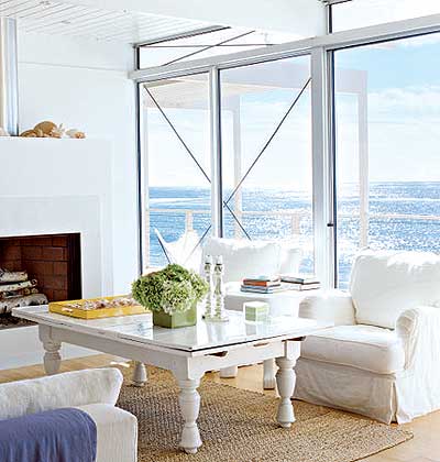 white living room with ocean view