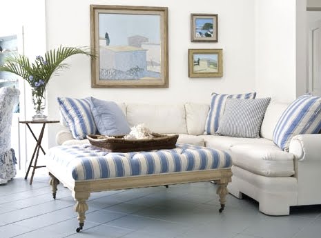 large blue and white striped ottoman
