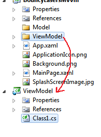 Copy the ViewModel folder from the View project into the ViewModel project