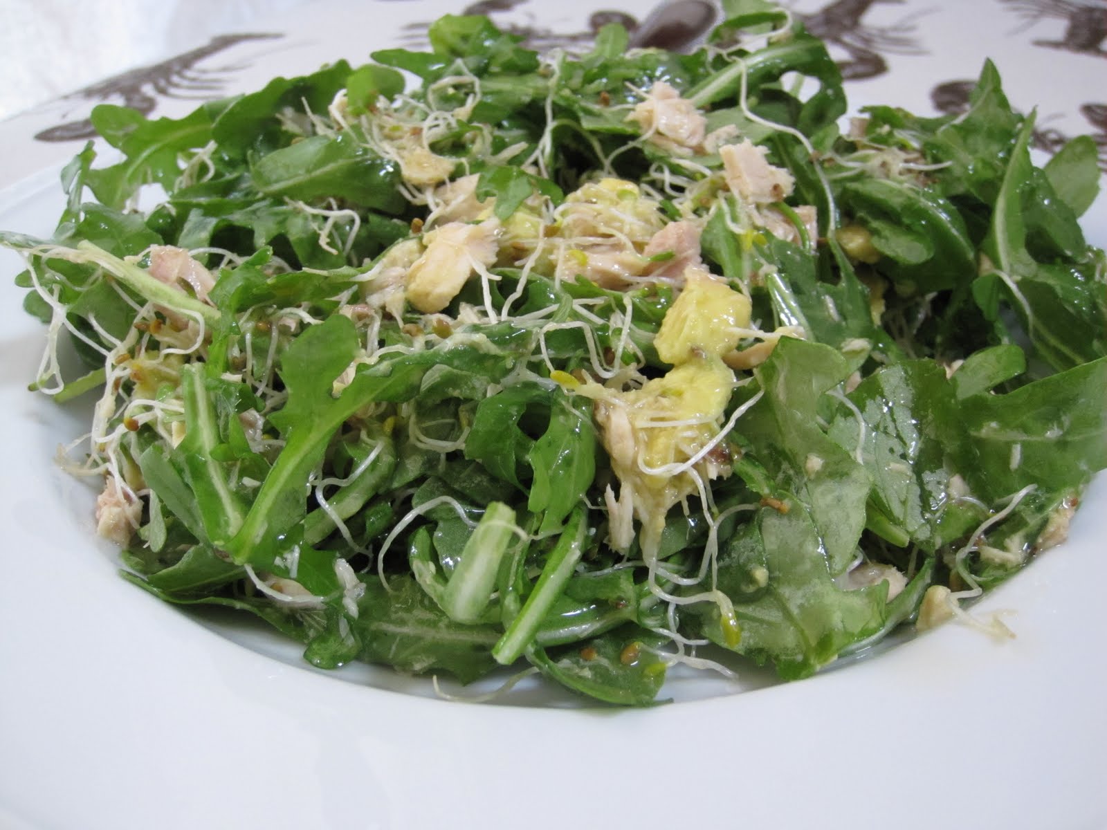 diet schmiet! Arugula Salad with Sprouts, Avocado and Tuna