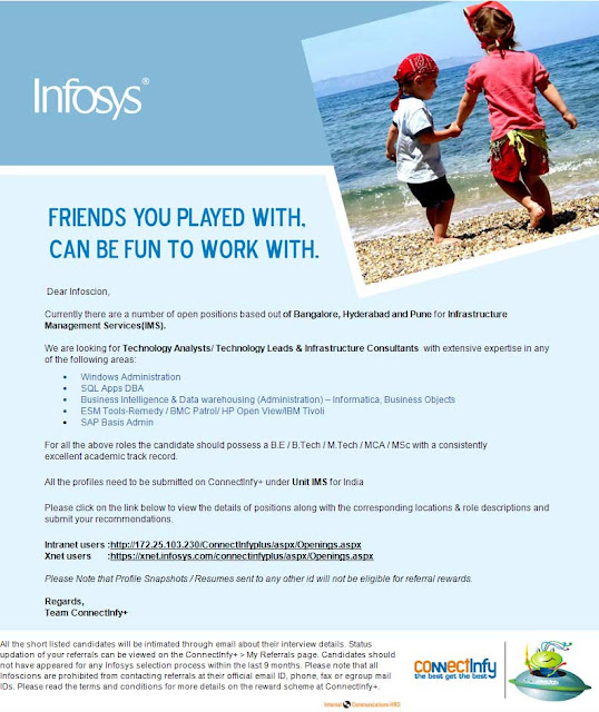 Infosys Referral openings for experienced professionals