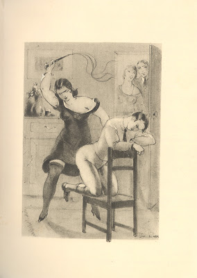 Woman in black dress whipping man tied to chair, two people watching in background