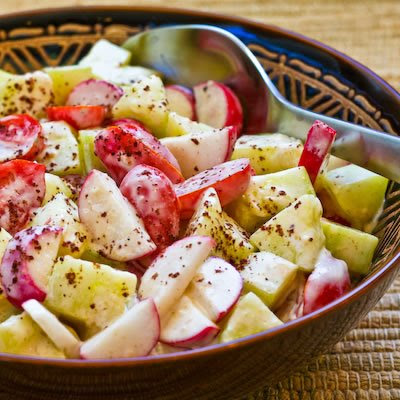 Tomato, Cucumber, and Radish Salad with Yogurt and Tahini Dressing found on KalynsKitchen.com