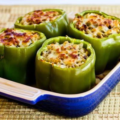 Stuffed Green Peppers with Brown Rice, Italian Sausage, and Parmesan found on KalynsKitchen.com