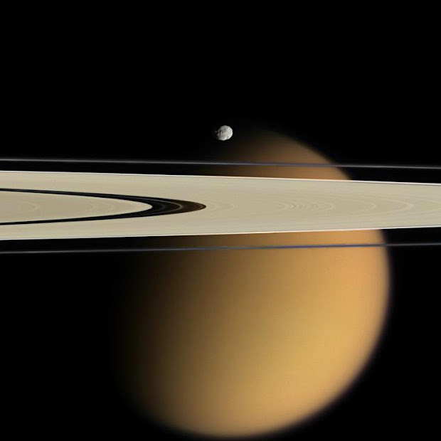Smog-enshrouded Titan, Epimetheus and Saturn's A and F rings!