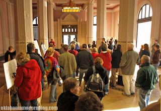 Architecture fans gather in the lobby of the ONG Building in downtown Tulsa.