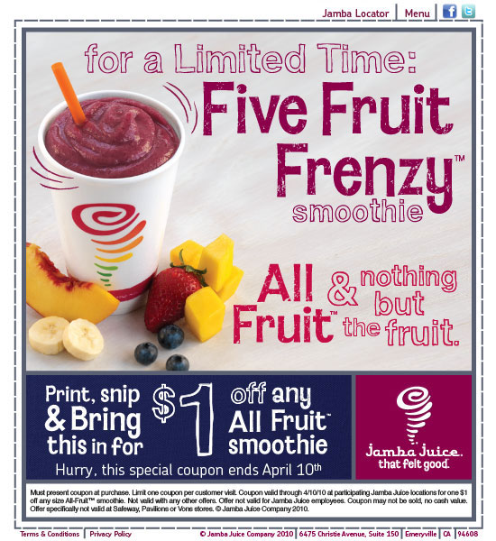 LIVE LOVE COUPONS Jamba Juice 1.00 Printable Coupon