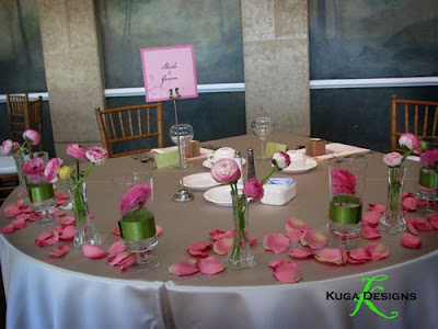 The cocktail table centerpiece were hot pink chartreuse green 