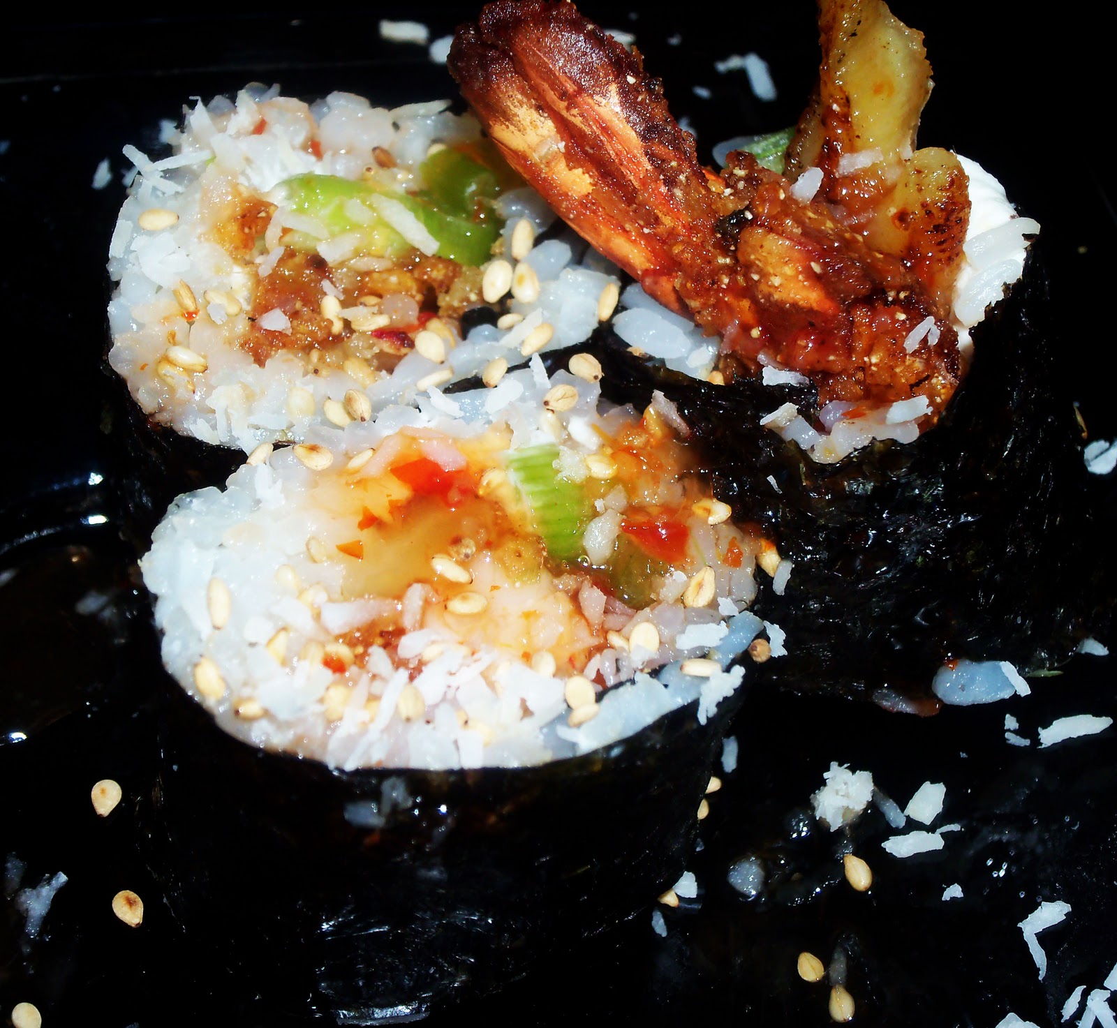 The Foodie Fixx Shrimp Tempura & Banana Roll with Coconut & a Sweet