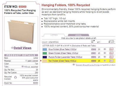 Smead web site product page for recycled hanging file folders