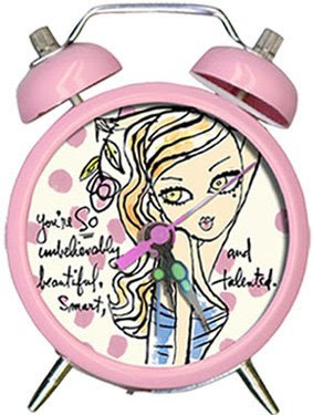 pink alarm clock with picture of girl, and the words You're So Unbelievably beautiful, smart, and talented