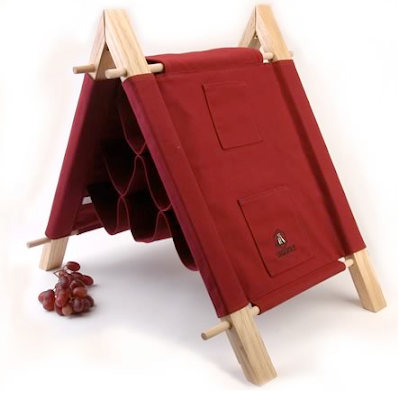 folding wine rack, red canvas (and wood), holds six bottles