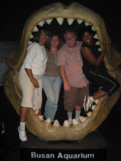 All four of us in classic photo op, inside giant shark jaw