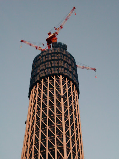 東武橋から見た夕陽に染まった建設中(264m)の東京スカイツリー最上部のズーム