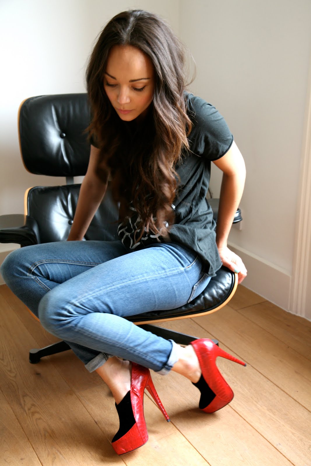 black and white dress with red heels