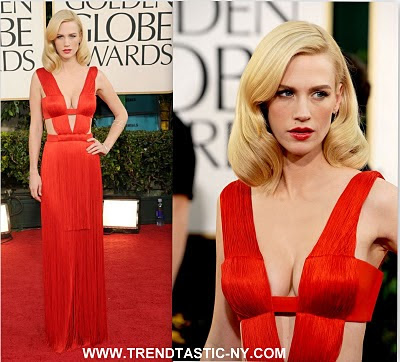 January Jones Golden Globes Dress 2011. red fringe gown with deep