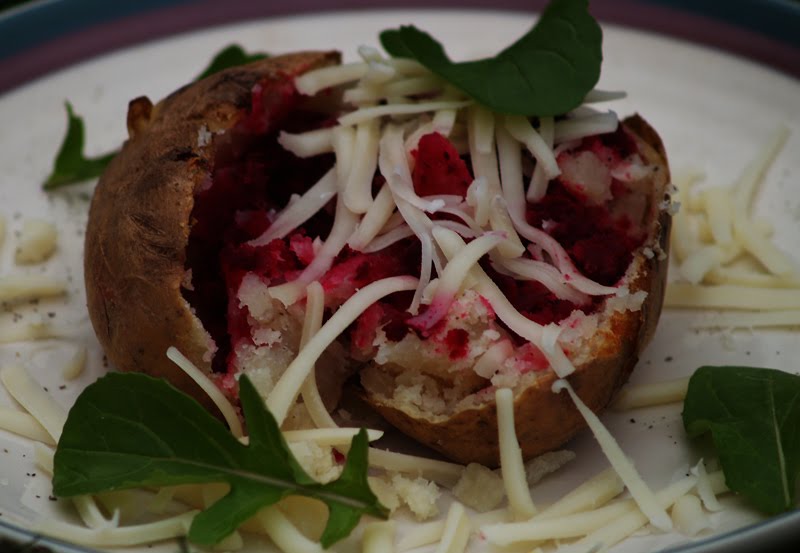 Aubergine, Sweet & Green Jacked Potato with Fresh Beet