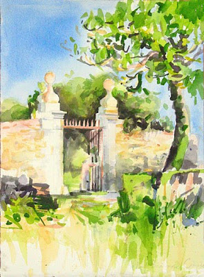 watercolour of old gates in sunlight