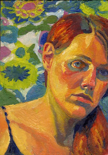 Self portrait oil painting with flowered fabric behind head and shoulders