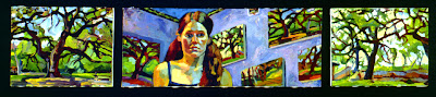 Self Portrait Triptych oil painting of figure surrounded by landscapes