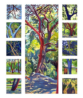 Oil painting series of multiple landscape/tree scenes with shadow figure (lower right painting)