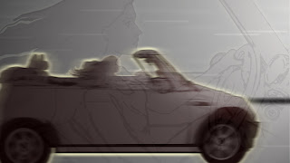Blended view of driver (fading) and Cooper car in animation still