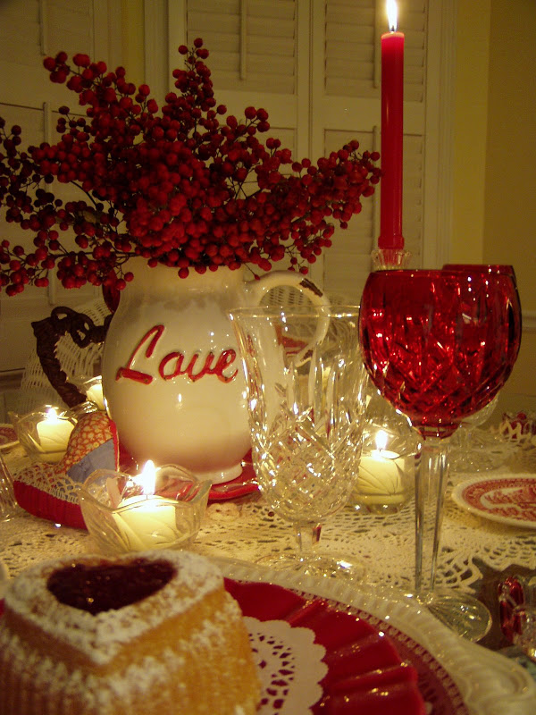 Valentine's Day Table Setting Tablescape with Raspberry Heart Cakes