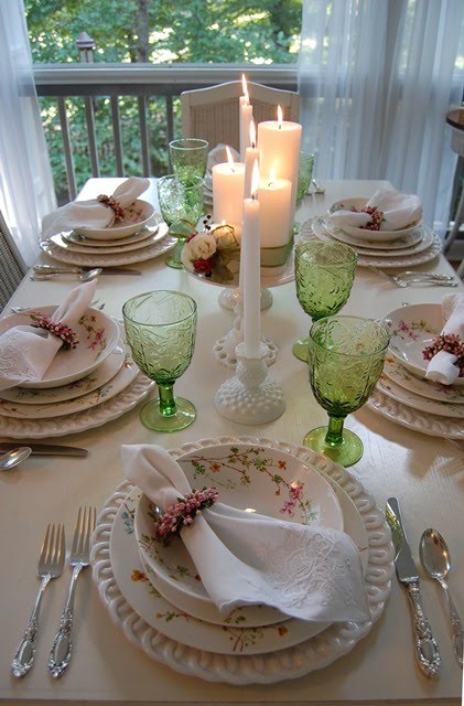 Spring Table Setting Tablescape with Candlelight Centerpiece