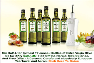 Olio Carli: 6 Bottle of Olive Oil, Ceramic Carafe, Tea Towel and Apron–ONLY $29.99 + FREE Shipping!