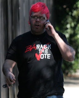 Perez Hilton shows his support for Barack Obama by wearing a ba-rack the vote tee shirt