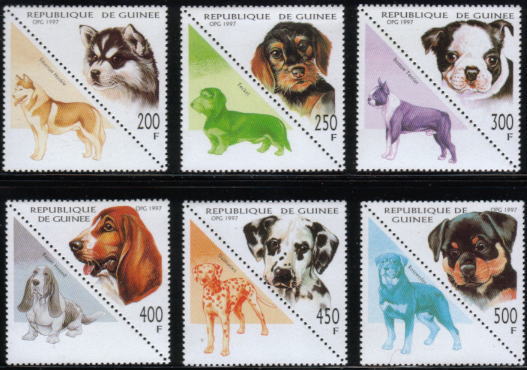 1997年ギニア共和国　シベリアン・ハスキー　ダックスフンド　ボストン・テリア バセット・ハウンド　ダルメシアン　ロットワイラーの子犬の切手