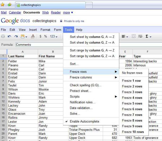 Card Buzz Google Docs spreadsheet