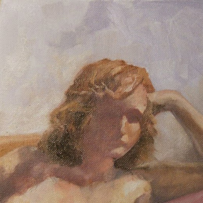 Seated nude with a red cushion - Oil on board - by South African artist Stephen Scott