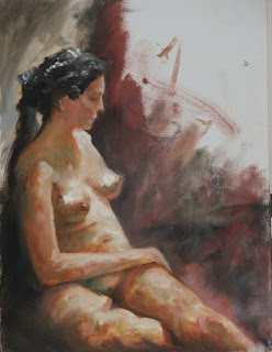 seated nude an oil painting done in the style of alla prima, by South African artist - Stephen Scott