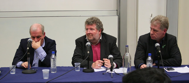 Madeleine Mccann panel: Kelvin Mackenzie (former editor of The Sun), Steve Hewlitt (freelance journalist) as the 'moderator', and Clarence Mitchell (McCanns' spokesman) pic: Kerstin Rodgers/msmarmitelover