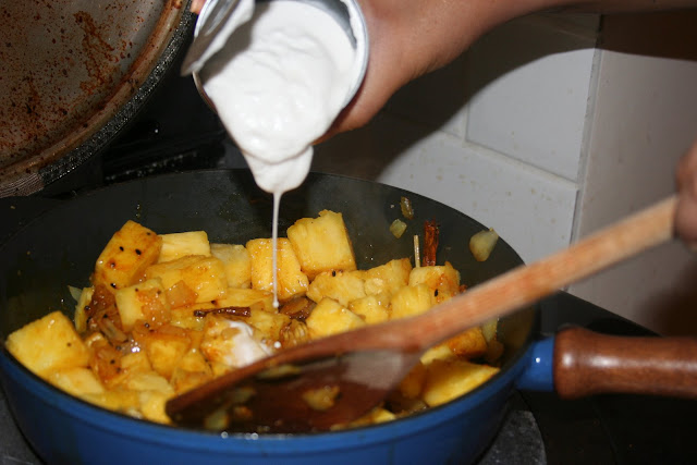 pineapple curry, add coconut milk and simmer for ten minutes...