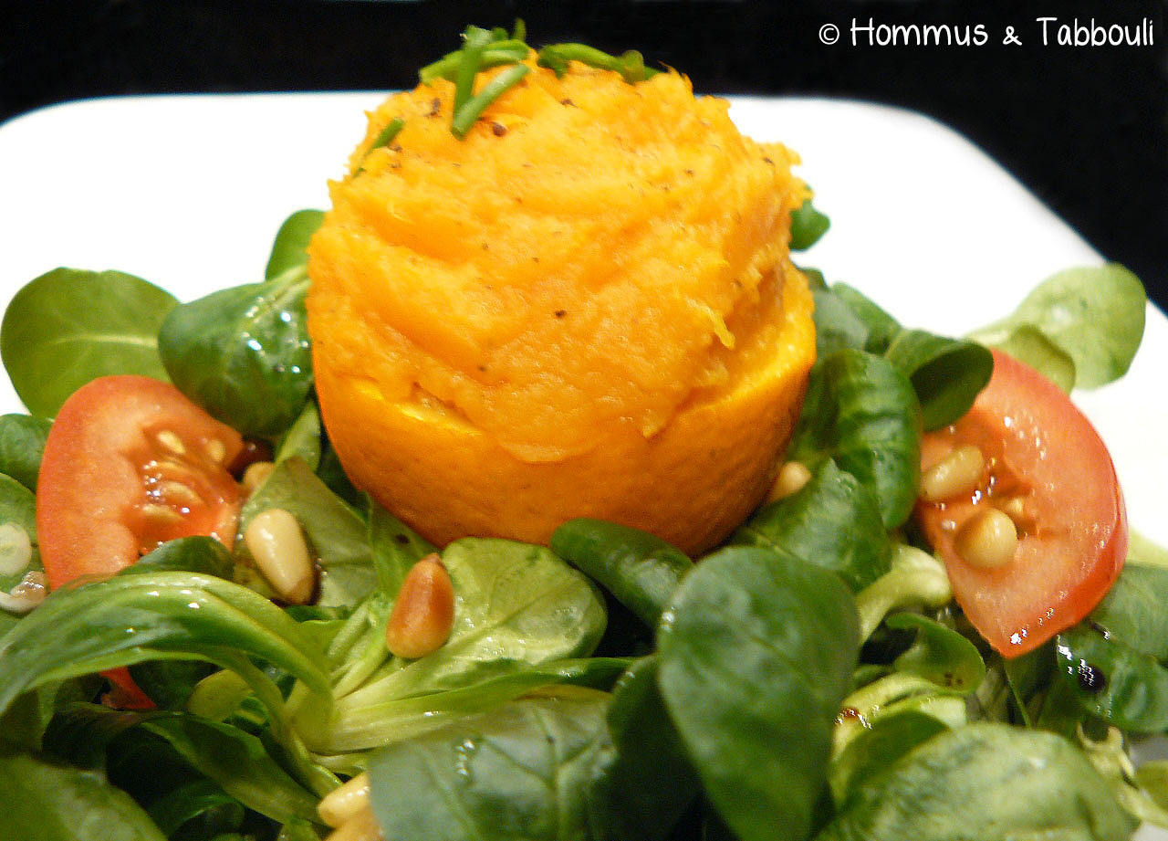 Sweet baked Potatoes & Orange Puree with Watercress Salad Hommus