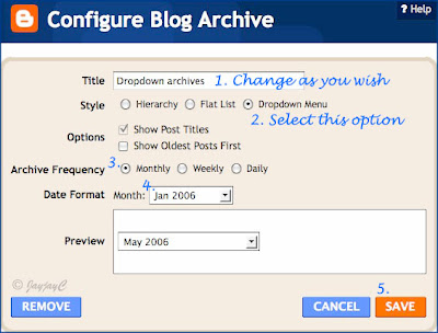 Screen shot of Blogger's Configure Blog Archive window