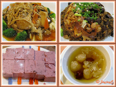 Food collage: Braised Mixed Vege, Fried Rice, Double-boiled Longan with corn+white fungus and CNY cold desert