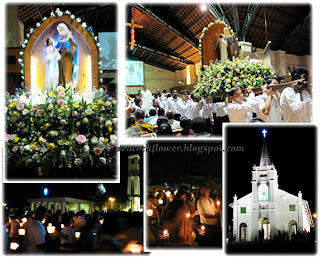 St Anne Feastday procession: statues of St Anne+Our Lady, palanquin bearers, Shrine of St Anne and pilgrims with lit candles