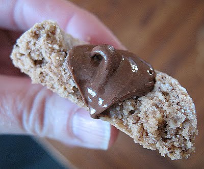 A close up photo of a half bitten chocolate Nutella thumbprint cookie.