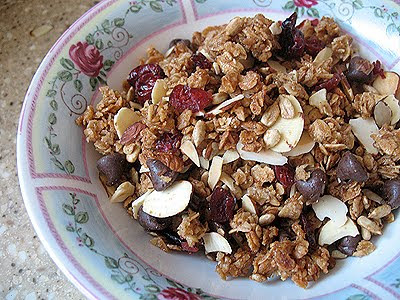 A close up photo of homemade granola in a bowl.