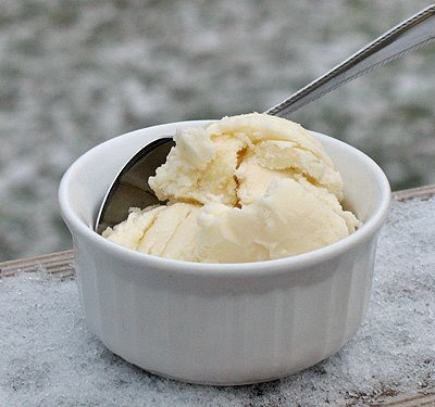 A photo of a scoop of homemade vanilla ice cream in a white bowl served with a spoon.