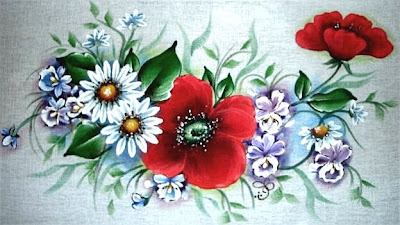 الرسم على القماش لزهور الإقحوانات، الخشخاش والبنفسج مع الباترون