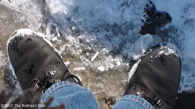 The Redhead Riter's Timberland boots in the snow