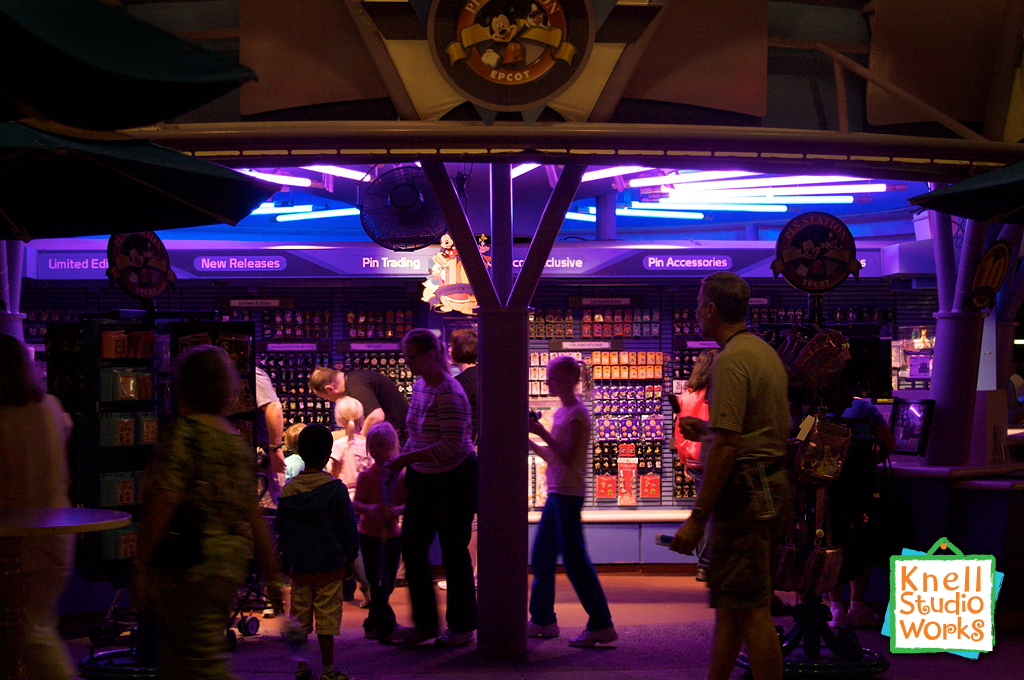 The Disney Pin of the Day Pin Station at Epcot Night Time Pin Trading