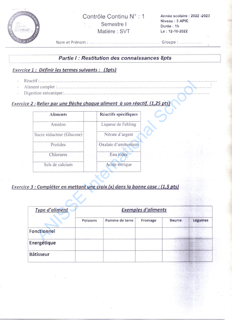 Devoirs SVT Semestre 1 Devoir 1 – SVT 3AC