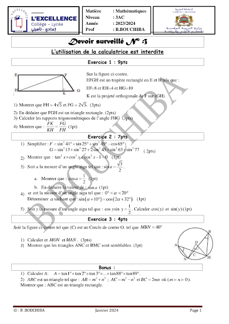 Devoir surveillé N3 Mathématiques 3AC pdf