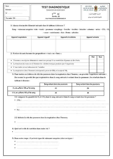 TEST evaluation DIAGNOSTIQUE Science de la vie et de la terre 3éme AC pdf svt