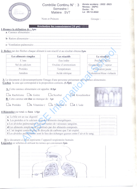 Devoirs SVT Semestre 1 Devoir 3 – SVT 3AC